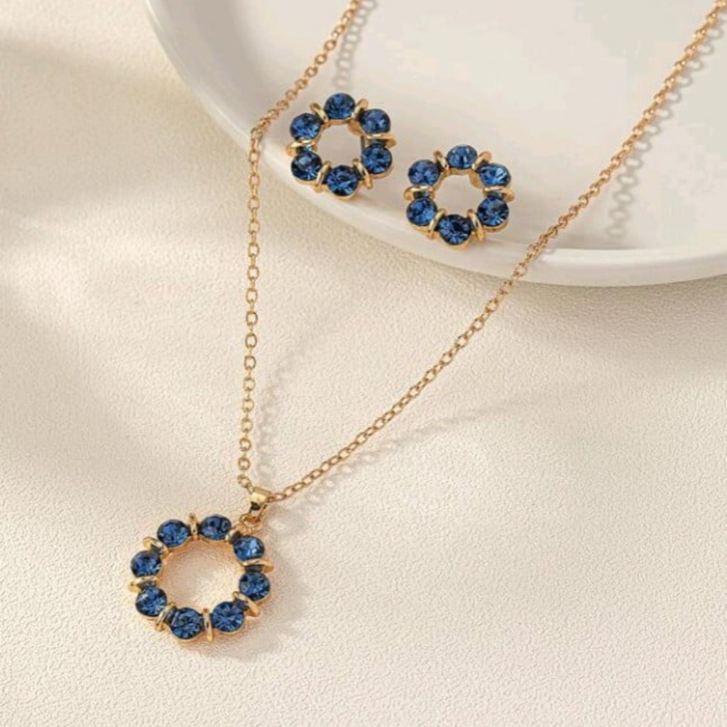 3pcs Rhinestone Circle Decor Fashion Jewelry Set/ Great For Daily Wear/ Blue